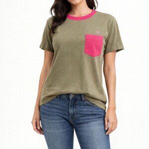 Sold Out NYC Cuffed Sleeve Pocket Tee in Green With Contrasting Pink Trim NWOT